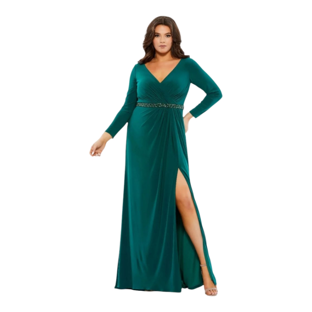 Mac Duggal 67747 Long Split Sleeve V Neck Dress Emerald Green Size 22w Nwt$798